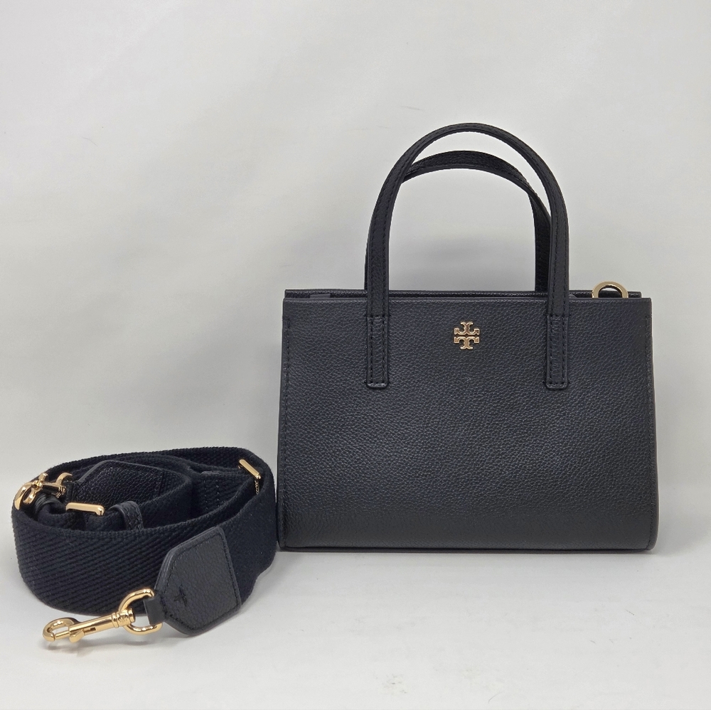 Tory Burch Black Pebbled Leather Mini Tote with Gold Hardware